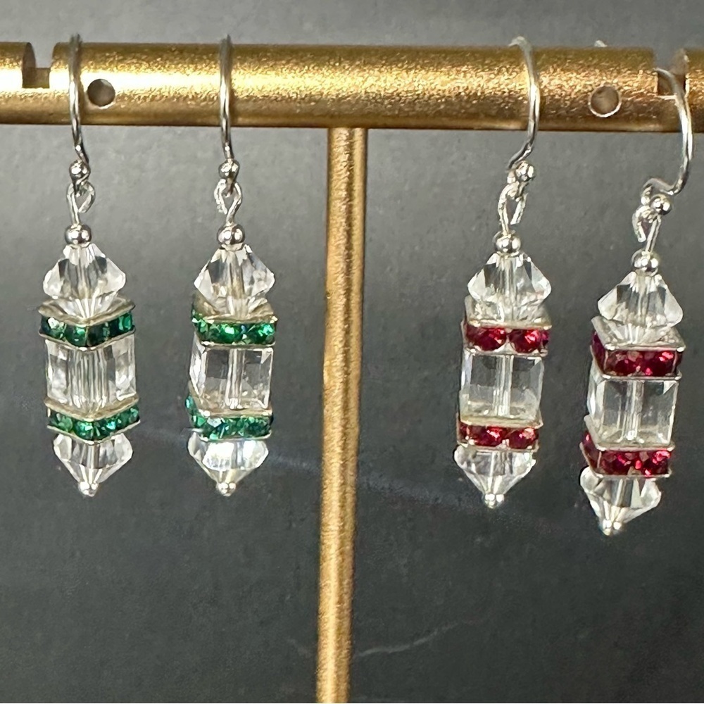 Handmade Swarovski Crystal Holiday Earrings Sterling Silver Red & Green Sparkle